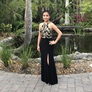 Black and gold slit prom dress